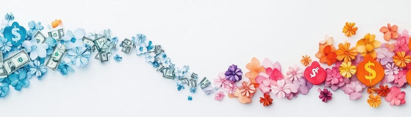 Poster - A Vibrant Wall Filled with Colorful Butterflies Surrounded by Stacks of Money Creating a Unique Contrast Between Nature and Wealth in an Artistic Display