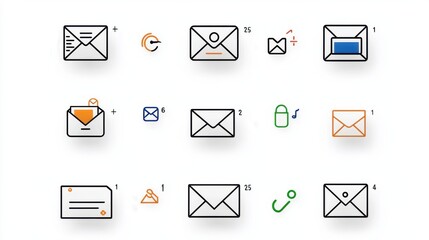 Poster - A collection of modern minimalist outline icons representing various digital communication and messaging functions including email send receive edit reply and more