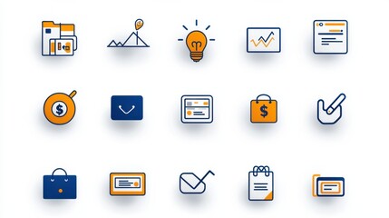 Poster - A collection of minimalist and clean lined icons representing various financial and business concepts such as graphs charts money investment and strategy
