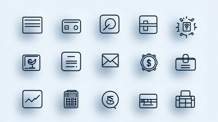 Poster - A collection of minimalist icons representing various financial and banking related concepts depicted in a clean outline style for use in digital applications and interfaces