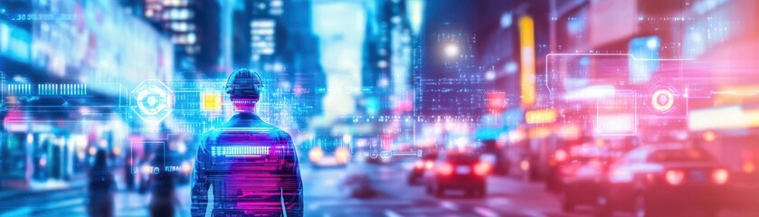 Poster - A Woman Strolling Through a Vibrant Futuristic Cityscape Illuminated by Glowing Neon Lights Creating a Dynamic and Enigmatic Urban Night Atmosphere