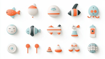 Poster - A collection of minimalist pastel colored icons and depicting a variety of baby toys accessories and educational elements in a modern whimsical style