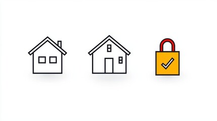 Poster - A minimalist modern set of icons depicting a house a home and a locked padlock representing the concepts of residential property real estate and home security
