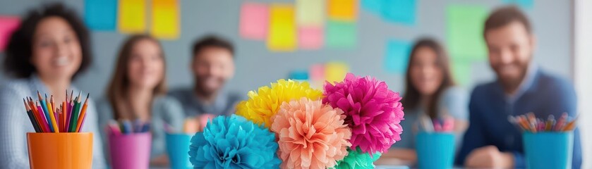 Poster - Elegant Vase Filled with Colorful Fresh Flowers Gracefully Placed on a Wooden Table Illuminated by Soft Natural Light Creating a Cozy Atmosphere