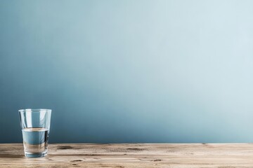 Poster - clear glass of fresh water resting on a natural wooden table surrounded by warm light creating a tra
