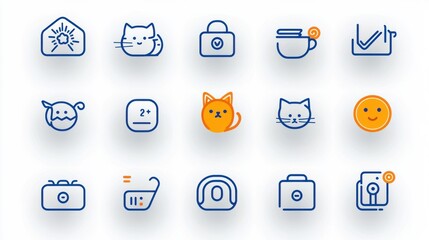 Poster - Stylish set of 15 minimalist outline icons featuring various symbols including a cat weather and user interface elements in a modern simple and visually appealing design  category Graphic Resources