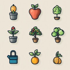 Poster - A collection of minimalist icons representing various elements of garden and soil maintenance including plants pots watering tools and other gardening essentials
