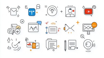 Poster - A collection of simple monochrome icons depicting different aspects of speaking interacting and exchanging information through various digital and social platforms