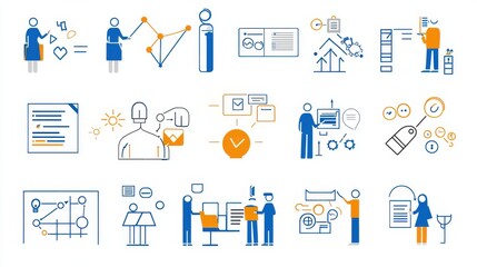 Poster - A collection of outline icons representing various elements of organizational management including communication planning strategy leadership and workflow optimization