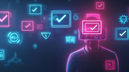 Poster - A man immersed in virtual reality wearing a headset and gloves engaging with a digital world showcasing technology and futuristic innovation at home