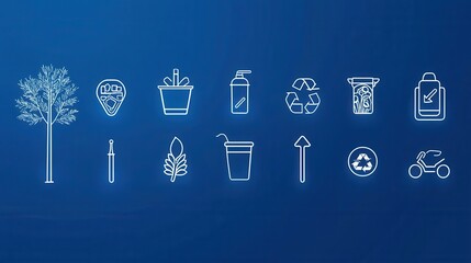 Poster - a set of thin line icons depicting various elements of waste management and recycling including a tr