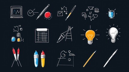 Poster - This image contains a collection of thin line icons that symbolize various elements of the creative design process such as ideation planning analysis and problem solving