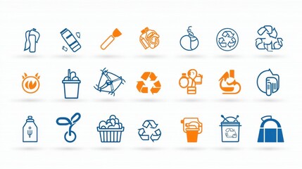 Poster - A set of thin line icons representing various waste management and recycling practices including sorting disposal reuse and conservation of the environment