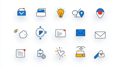 Poster - This image is a collection of 15 minimalist thin line icons that represent common web and digital interface elements such as email documents location messaging and more