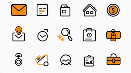 Poster - A collection of simple minimalist icons representing various financial concepts and activities including banking investment savings and income
