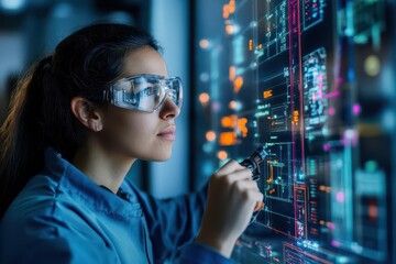 Fototapete - Focused Woman in Glasses Engaged with Computer Screen Surrounded by Modern Office Environment Highlighting Technology Work and Concentration