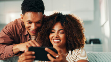 Poster - Phone, couple and laugh at home with internet, online joke and browsing for meme. Man, woman and living room sofa for social media post, comedy or show funny video for entertainment in house