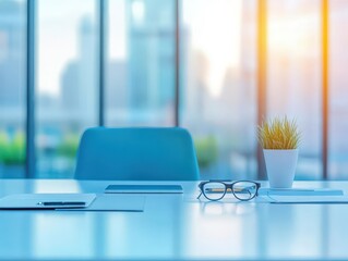Poster - Modern Workspace Featuring Laptop Stylish Glasses Lively Green Plant Creating a Productive Inviting Environment for Creativity and Focused Work