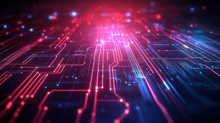 Poster - Vibrant Circuit Board Illuminated by Striking Red and Blue Lights Showcasing Intricate Electronic Components in a Futuristic Technology Setting