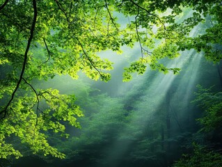 Poster - Beautiful Forest Scene with Sunlight Streaming Through Lush Green Trees Creating a Tranquil Atmosphere of Nature and Serenity in the Woodland