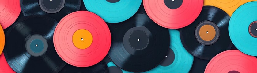 Poster - Vibrant Vinyl Records Displayed Creatively as Wallpaper in a Retro Inspired Room Evoking Nostalgia and Artistic Expression Through Music Culture