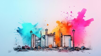 Aufkleber - Vibrant Urban Scene Featuring Colorful Paint Splashes on City Walls Creating a Dynamic and Artistic Atmosphere in a Modern Metropolitan Environment