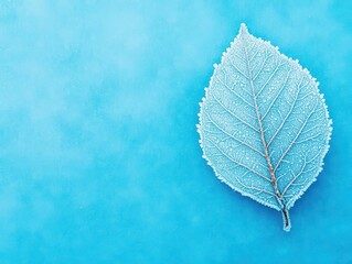 Poster - Frosted Leaf on Vibrant Blue Background Capturing the Beauty of Winter with Intricate Details and Delicate Patterns Evoking a Sense of Serenity