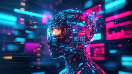 Poster - Futuristic Robot with Glowing Neon Features Illuminating a Dark Environment Creating a Mysterious and High-Tech Atmosphere Full of Intrigue