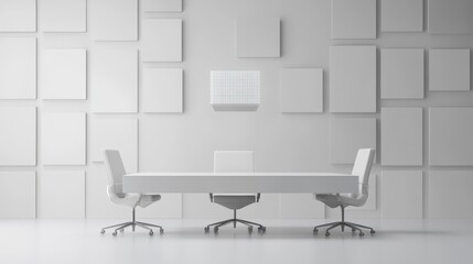 Poster - Minimalist White Table and Chair Design Against a Geometric Wall Featuring Square Patterns Creating a Modern and Clean Aesthetic Ambiance