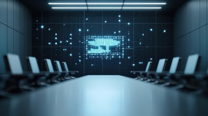 Poster - Modern Conference Room Featuring Spacious Table and Comfortable Chairs with Bright Lighting and Elegant Decor Creating a Professional Atmosphere for Meetings