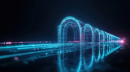 Poster - Futuristic Bridge Illuminated by Vibrant Neon Lights at Nightshowcasing Modern Architecture and Urban Design in a Dynamic and Lively Cityscape