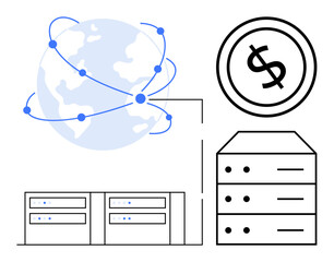 Poster - Globe network connections, server stacks, and dollar sign circle. Ideal for finance, tech, networking, economy, global trade cloud computing innovation. Flat simple metaphor
