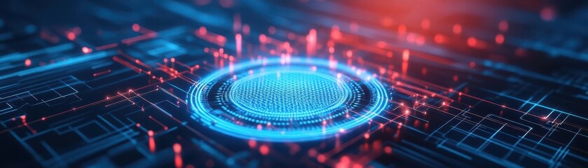 Fototapete - Intricate Blue and Red Circuit Design with Central Circle Element Illustrating Modern Technology and Innovation in Abstract Digital Art Style