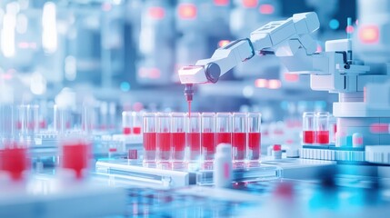 Poster - Modern Laboratory Scene Featuring Microscope Test Tubes Chemical Reactions Bright Lighting Innovative Research Environment Focused Science Experimentation