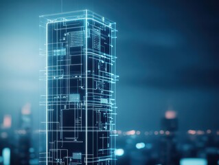Poster - Architectural Blueprint of a Modern Building with Urban City Skyline in the Background Showcasing Innovative Design and Urban Development Concepts