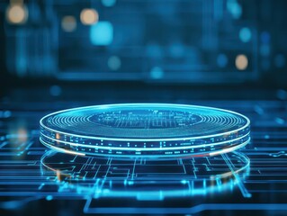 Aufkleber - Futuristic Coin Glowing with Vibrant Blue Light Against a Deep Cosmic Background Evoking a Sense of Innovation Technology and Digital Currency Future