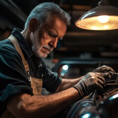 Poster - Focused Mechanic Diligently Repairing Classic Automobile in Well Equipped Garage Surrounded by Tools and Parts Creating an Engaging Work Environment