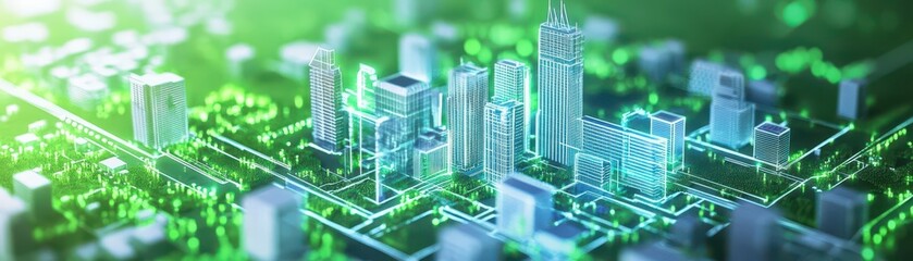 Poster - Vibrant Urban Scene at Night Featuring Skyscrapers Illuminated by Green Lights Creating a Futuristic and Lively Atmosphere in a Modern Cityscape