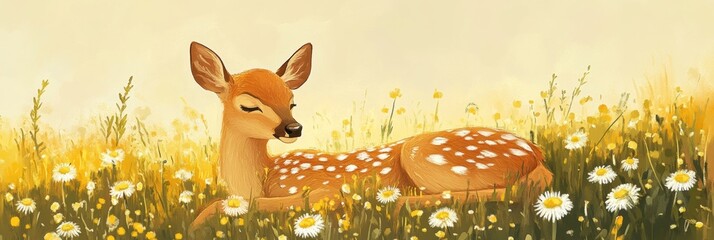 Poster - Serene deer resting peacefully in a vibrant field of illustrated dandelions during a calm afternoon