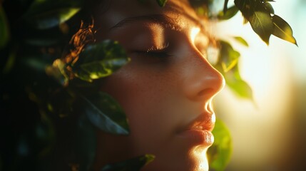 Poster - Woman with leaves framing her face enjoys sunlight during golden hour in a serene outdoor setting