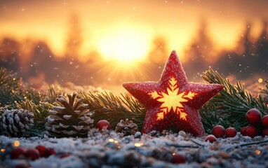 Wall Mural - A star-shaped decoration rests on a blanket of snow.