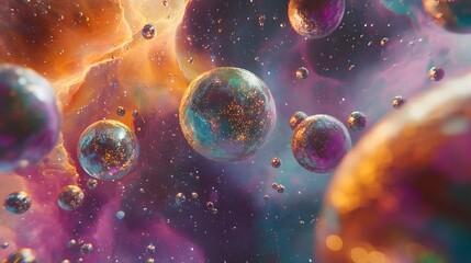 Poster - Cosmic Bubbles with Celestial Ballet of Shimmering Spheres for celestial universe galaxy space astronomy concept.