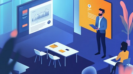 Aufkleber - Business Presentation with Data Analysis Strategy Session for education technology digital progress improvement success concept.