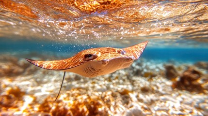 Aufkleber - Underwater shot of a Spotted Eagle Ray gracefully swimming in the clear blue sea. The ocean floor is visible with corals and light refracting on the water's surface, creating a vibrant, natural