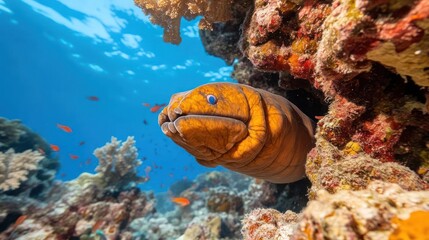 Poster - Underwater shot showcasing a vibrant yellow moray eel with striking blue eyes emerging from a coral reef. Coral formations in shades of red and white surround the eel, set against a bright blue sea