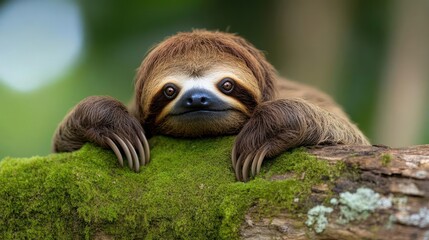 Poster - Close-up shot of a brown sloth resting its head on a mossy branch. The sloth is centered in the frame with a blurred green background. Lighting is natural and diffused, emphasizing the sloth's
