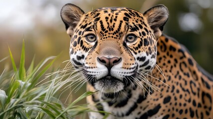 Aufkleber - Close-up of a jaguar with a distinctive spotted coat, looking directly at the camera. Green foliage frames the lower part of the image, while a soft, blurred background provides contrast