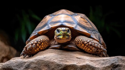 Poster - A detailed close-up captures a radiant brown turtle perched on a textured gray rock, set against a backdrop of blurred green foliage, showcasing its patterned shell and distinctive facial features in