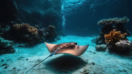 Poster - An underwater shot showcases a stingray gliding over a sandy seabed, flanked by colorful coral formations. The scene is bathed in filtered sunlight, creating a serene aquatic ambiance