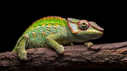 Poster - A vibrant green and turquoise chameleon clings to a rough brown branch against a stark black backdrop, highlighting its detailed scales and textures in sharp focus